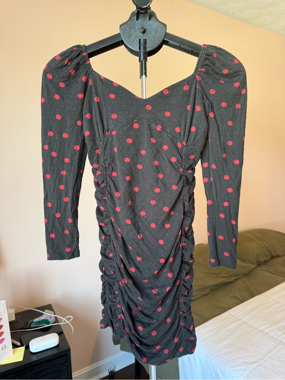 Black & Red Polka Dot Ruched Long Sleeve Dress Asos